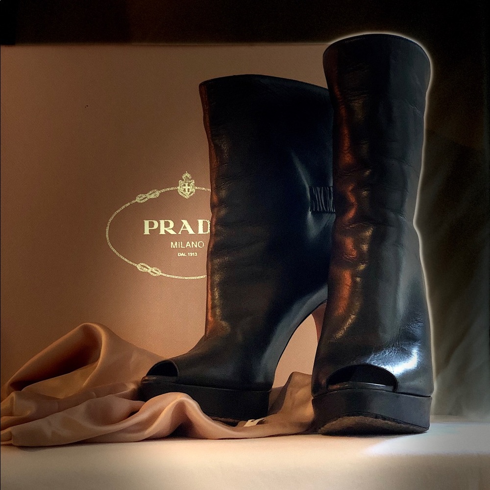 PRADA open toe boots in black leather size 6 1/2